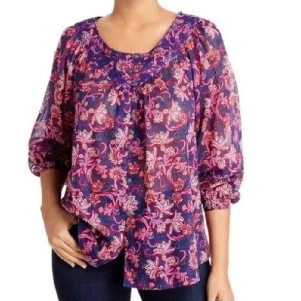 Beach Lunch Lounge Semi Sheer Blouse Button Front Shirt Top XL Floral Casual
